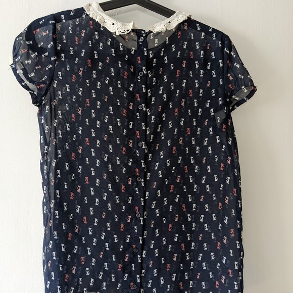 Zara navy blue cat print sheer sleeveless blouse size S - Picture 2 of 5